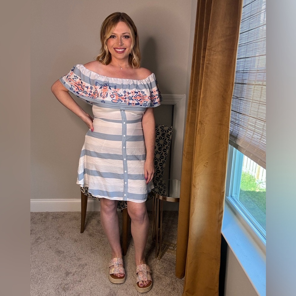 SUGARLIPS Boho White and Blue Striped Dress- Size L (runs small)